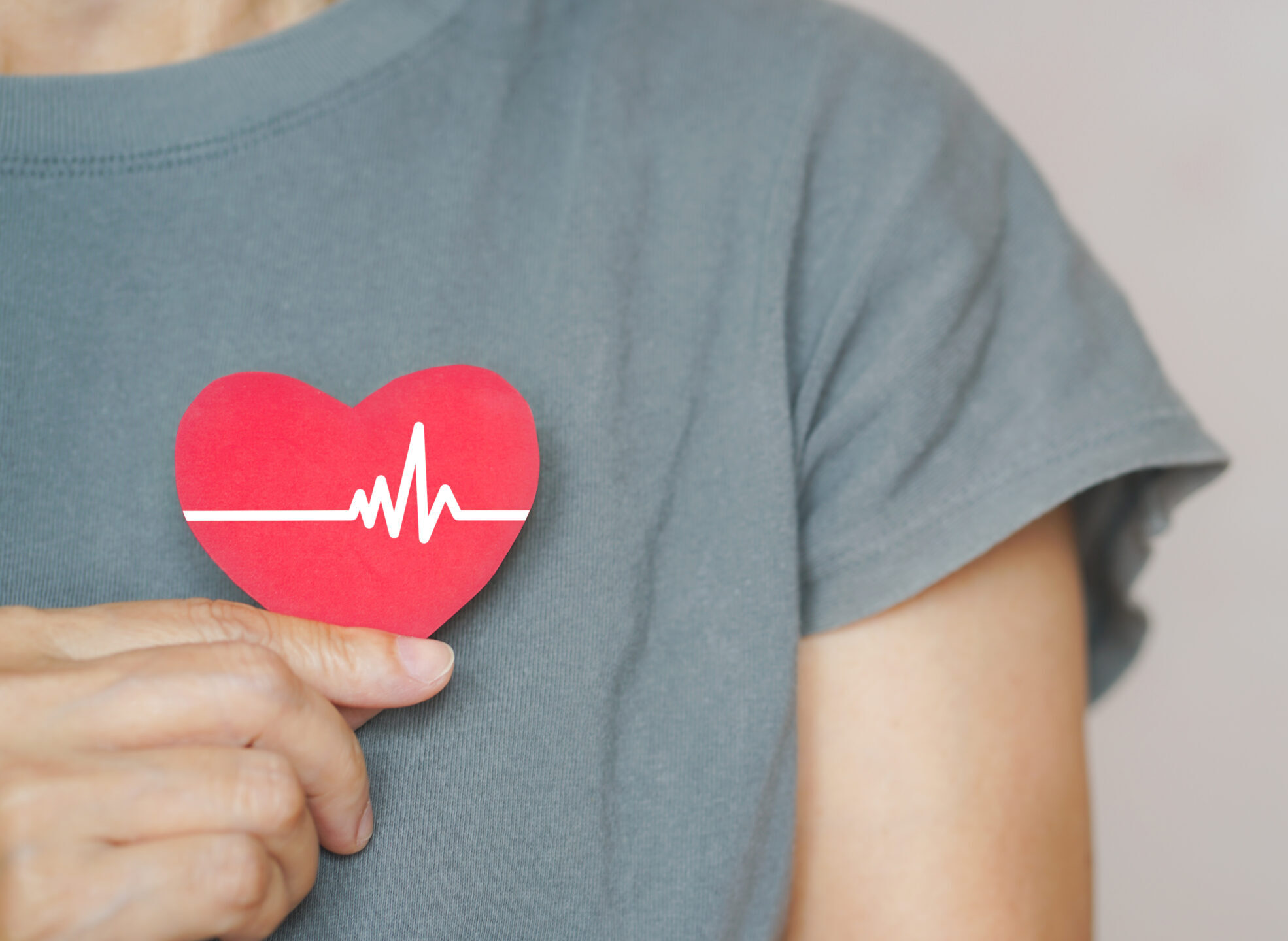 Senior People Holding Red Heart With White Heartbeat Icon, Heart